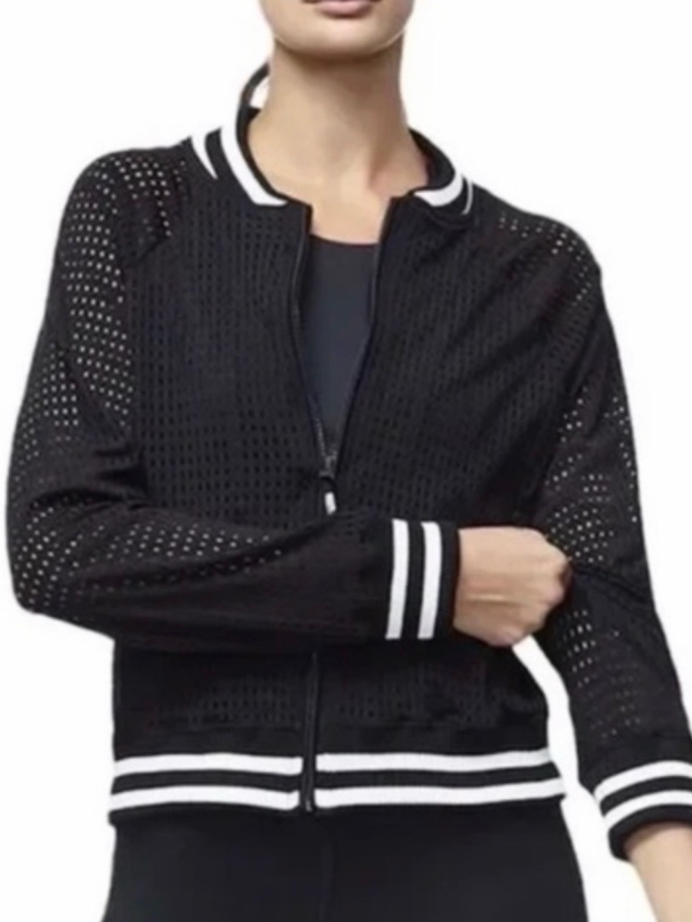 Good American Performance Black and White Mesh Bomber Jacket 5